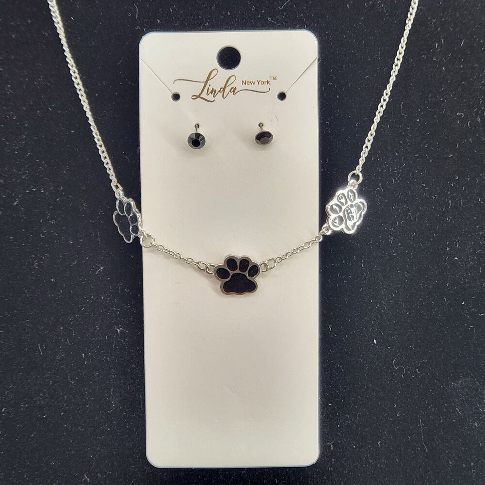 Black Puppy Paw Print Enamel Necklace, Matching Stud Rhinestone Earrings Jewelry